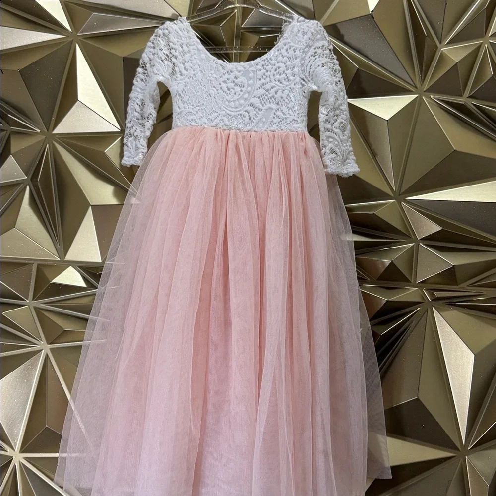 Girls White Lace‎ and Pink Tulle Long Sleeve Flower Girl Special Occasion Dress